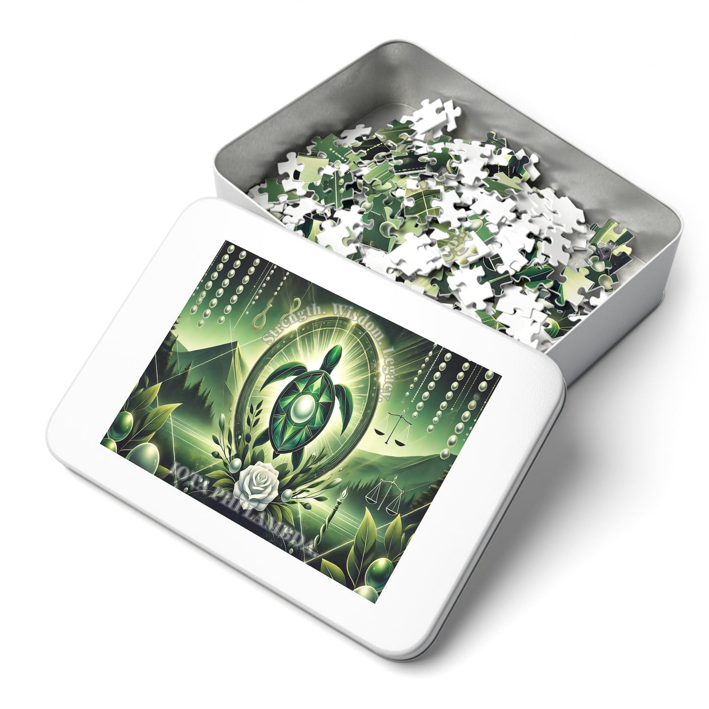 Emerald Turtle Puzzle: Piece Together Strength & Wisdom Jigsaw Puzzle with Tin